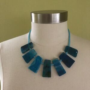 Chunky Handmade Teal Blue Agate Statement Bib Style Necklace 22" Boho Festival